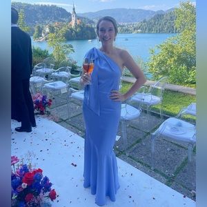 Aidan Mattox Sky Blue Satin Gown with Shoulder Bow